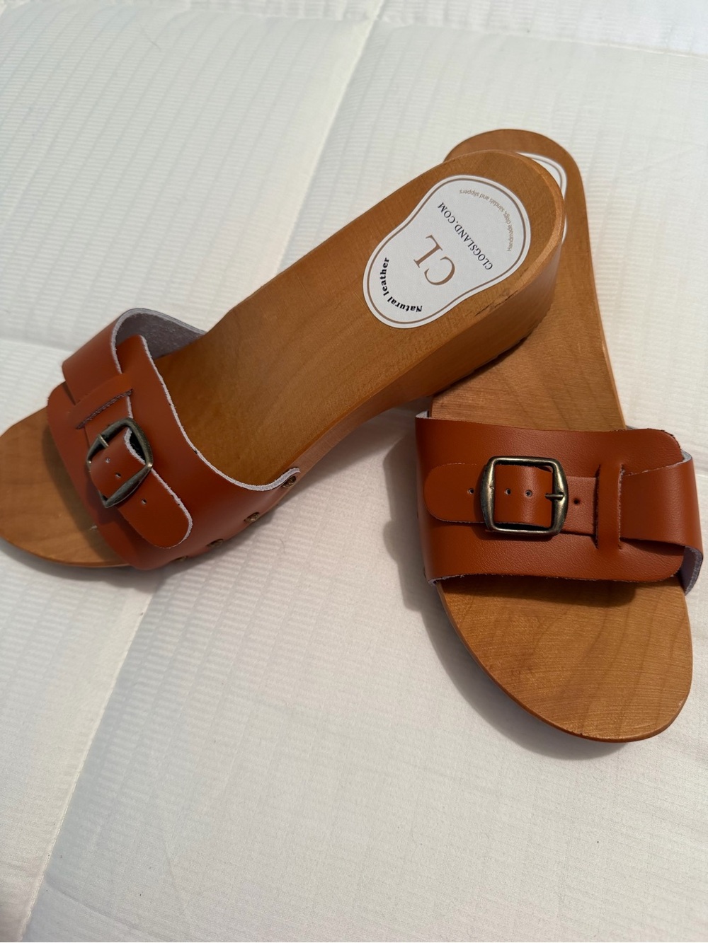 Leather Brown Adjustable Buckle Slide Mule Clogs - Wood Footbed NWT Sz 40